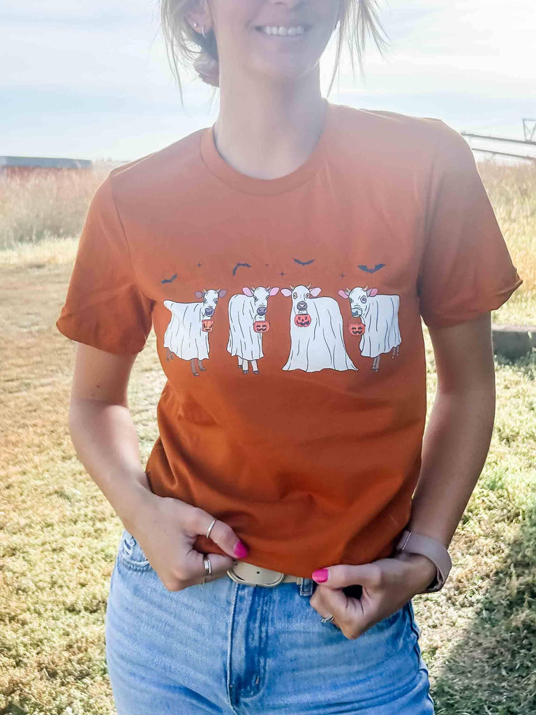 Fall Ghost Cows Burnt Orange Graphic Women's Tee - mygreentoy.com