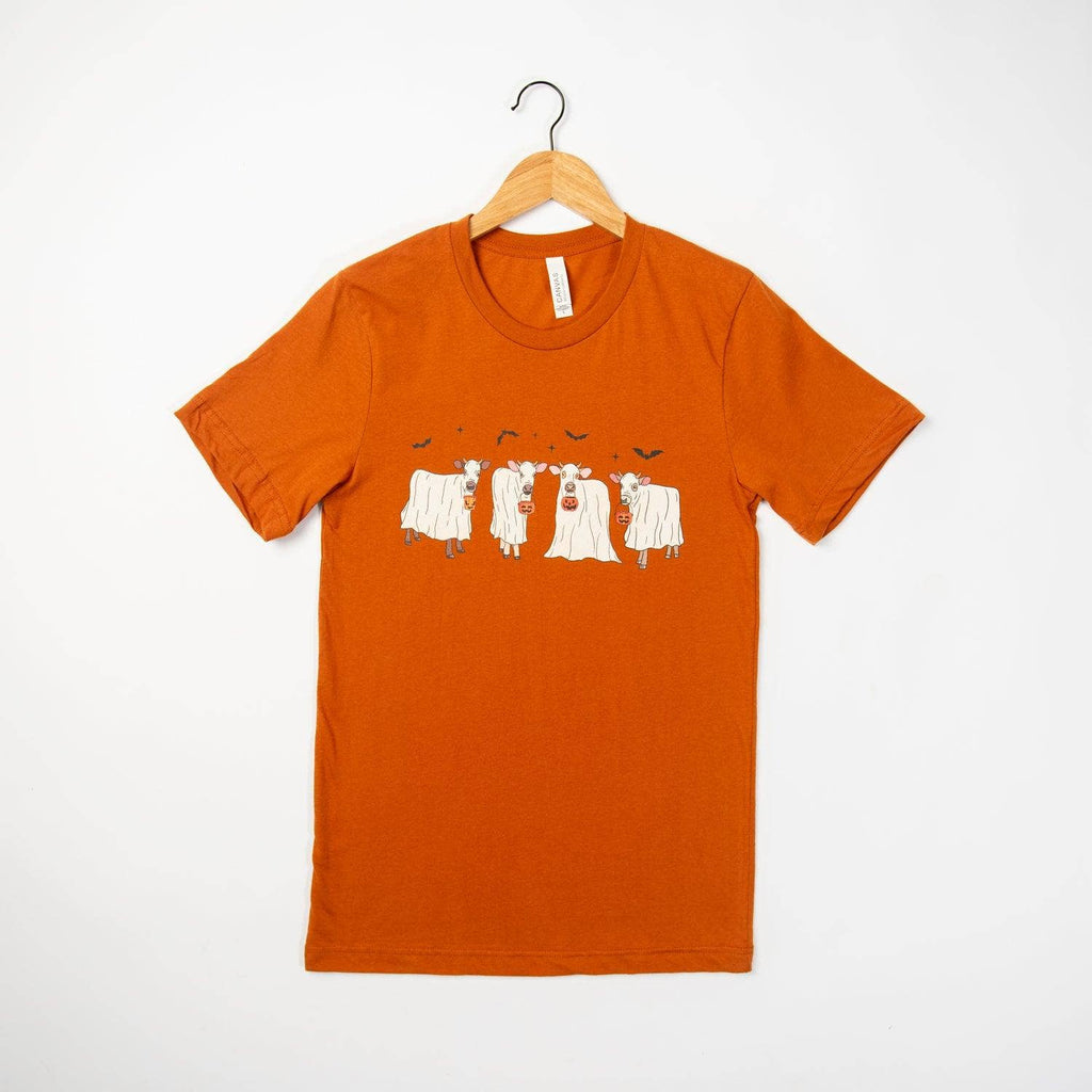 Fall Ghost Cows Burnt Orange Graphic Women's Tee - mygreentoy.com