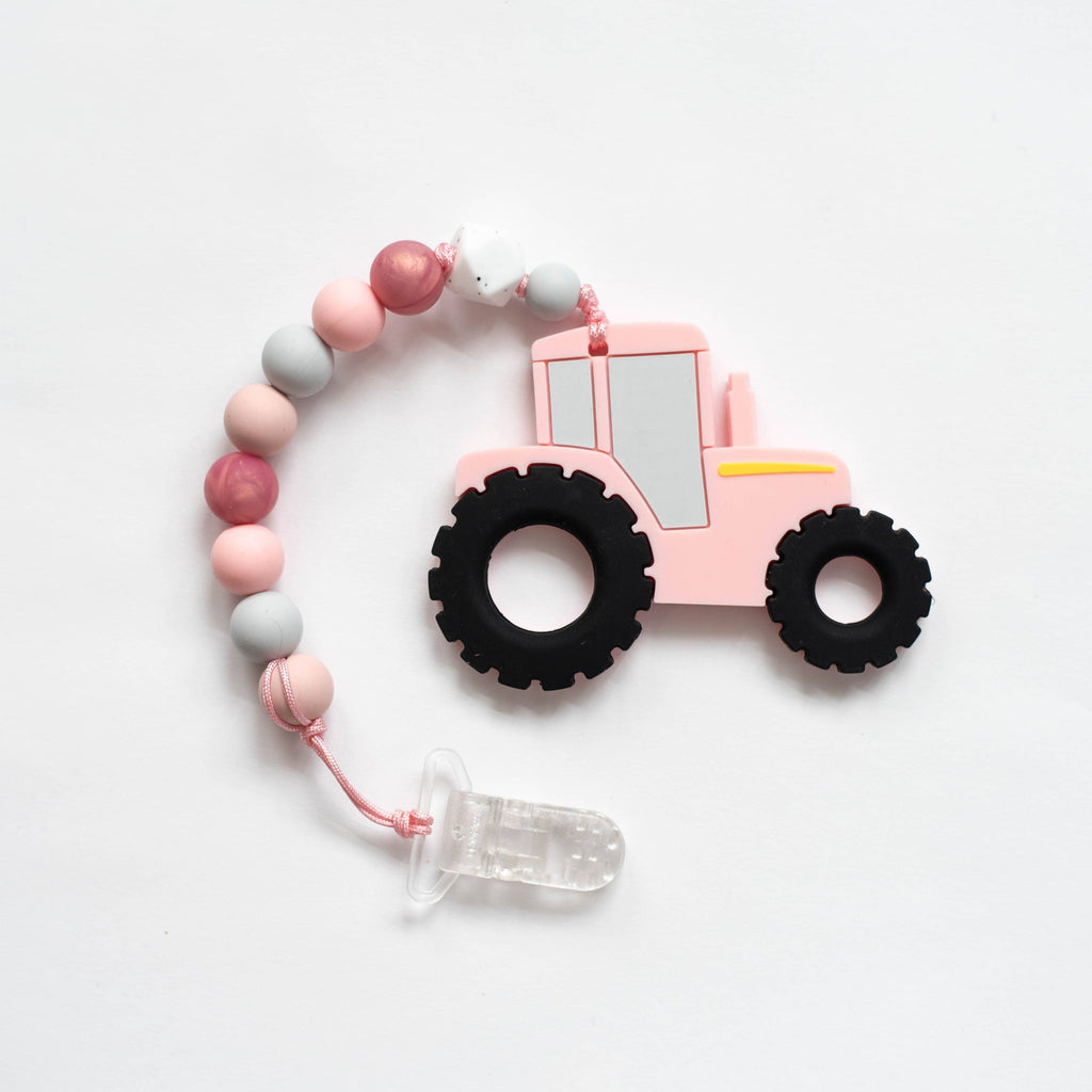 Pink Tractor Teething W/ Clip - mygreentoy.com