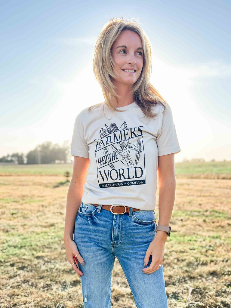 Western Farmers Feed the World Tan Women's Graphic Tee - mygreentoy.com