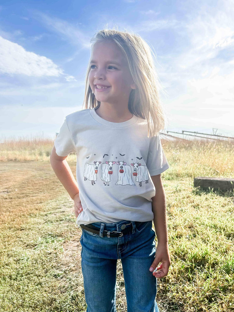 Fall Ghost Cows Cream Youth Graphic Tee - mygreentoy.com
